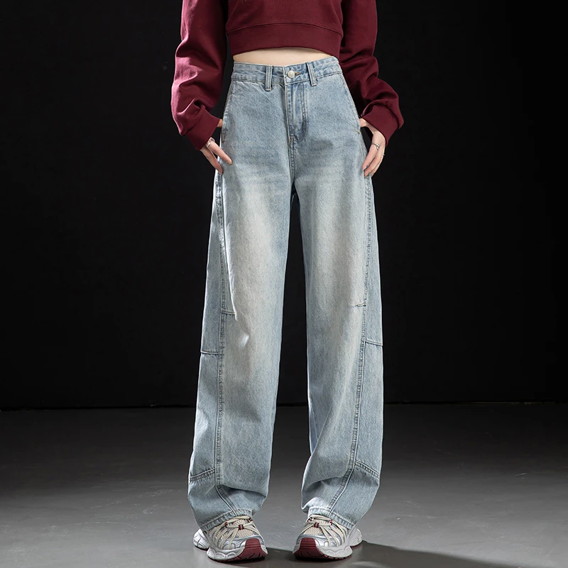 美式复古做旧浅蓝弯刀牛仔裤2026春秋拼接设计阔腿裤香蕉镰刀裤女
