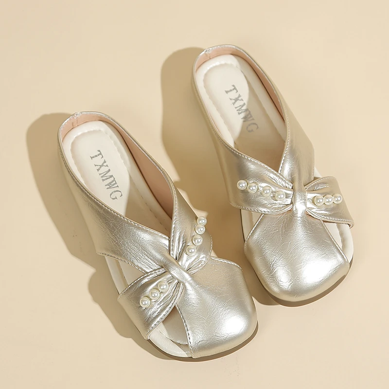 【退货补运费】欧若风夏季新款平底方头珍珠拖鞋女包头珠子半拖