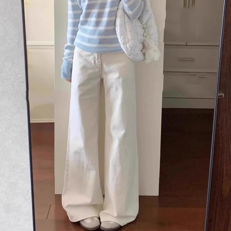 白色高腰直筒牛仔裤女2025新款休闲百搭显瘦宽松阔腿小个子拖地裤