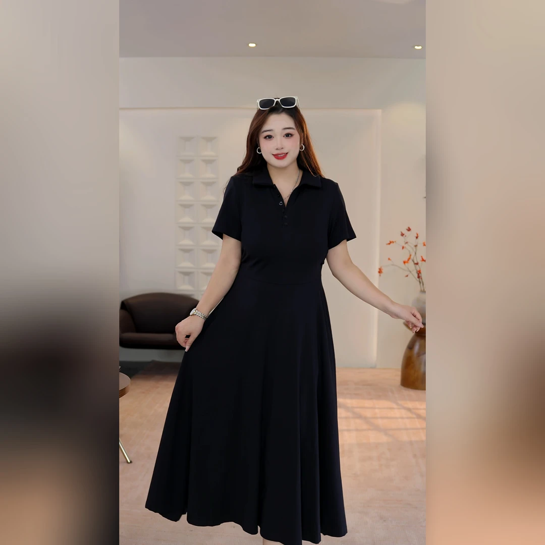 大码女装高腰设计感褶皱POLO领短袖连衣裙夏季收腰弹力A字长裙女