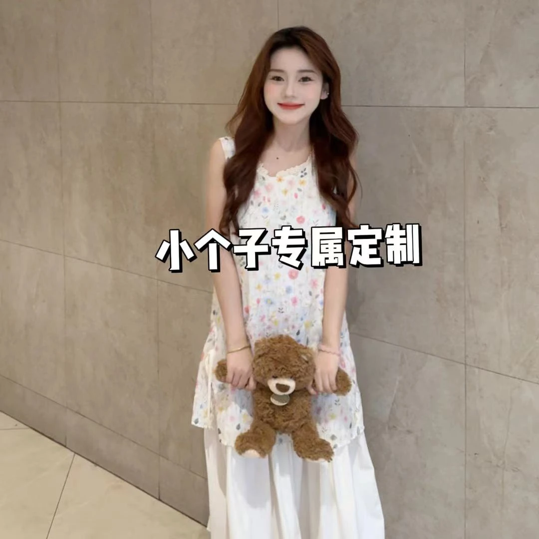 小个子定制清新温柔碎花刺绣假两件背心裙宽松韩系甜美拼接连衣裙
