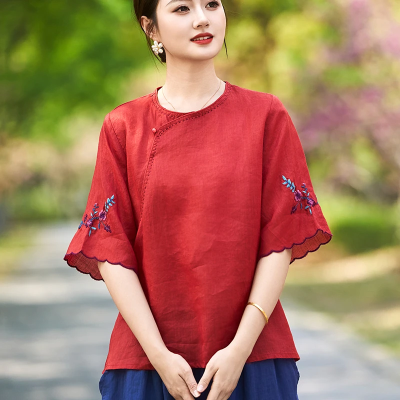 2025夏装新款国风复古文艺苎麻中袖刺绣圆领斜襟上衣女04-17-05