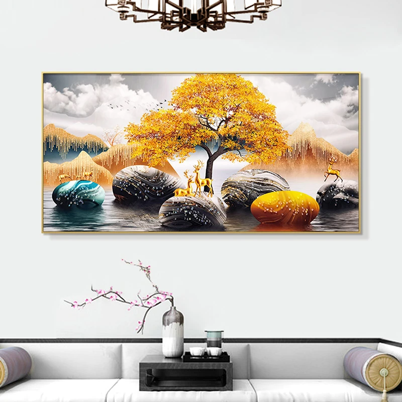 新中式黄金树客厅沙发背景墙装饰画 餐厅卧室走廊挂画黄金树60120