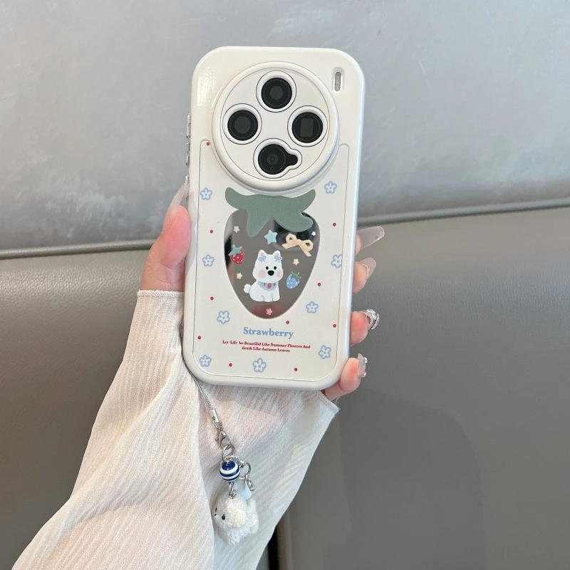 适用vivox200pro手机壳镜面vivox200全包防摔x200promini草莓小狗