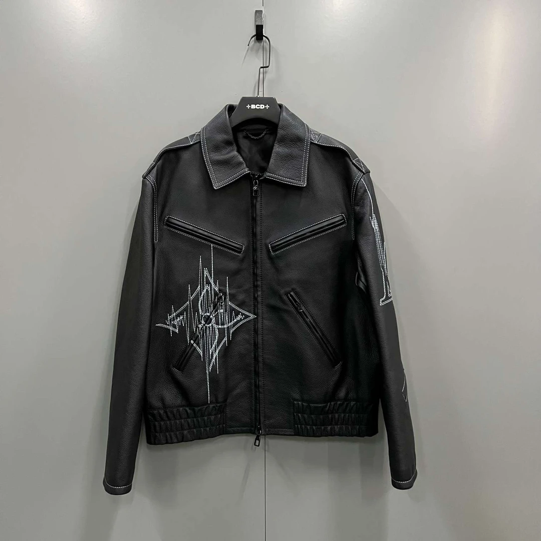 95新 LouisVuitton/路易威登 lv 黑色logo刺绣皮衣夹克 54码/98新