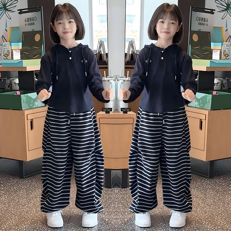 女童套装2025新款秋季儿童洋气上衣条纹裤中大童休闲运动服两件套