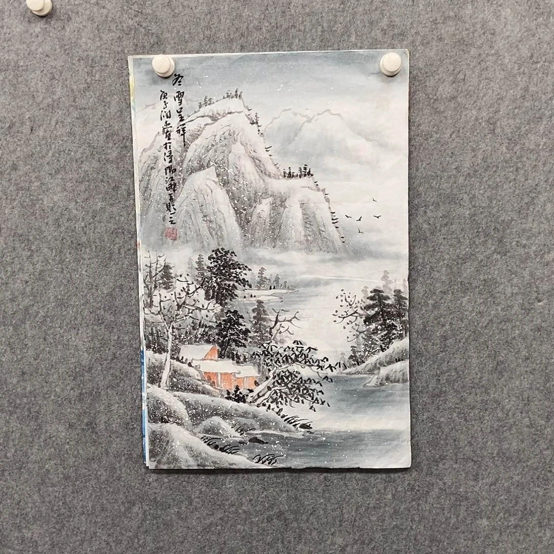 国画四尺三开雪景一副
