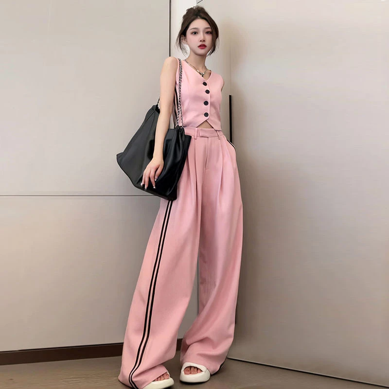 小香风粉色休闲时尚运动套装女夏季炸街减龄洋气无袖阔腿裤两件套