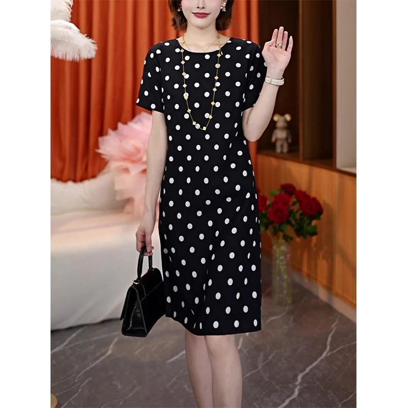 夏季复古设计感时尚休闲气质大码减龄遮肉显瘦短袖波点连衣裙AN