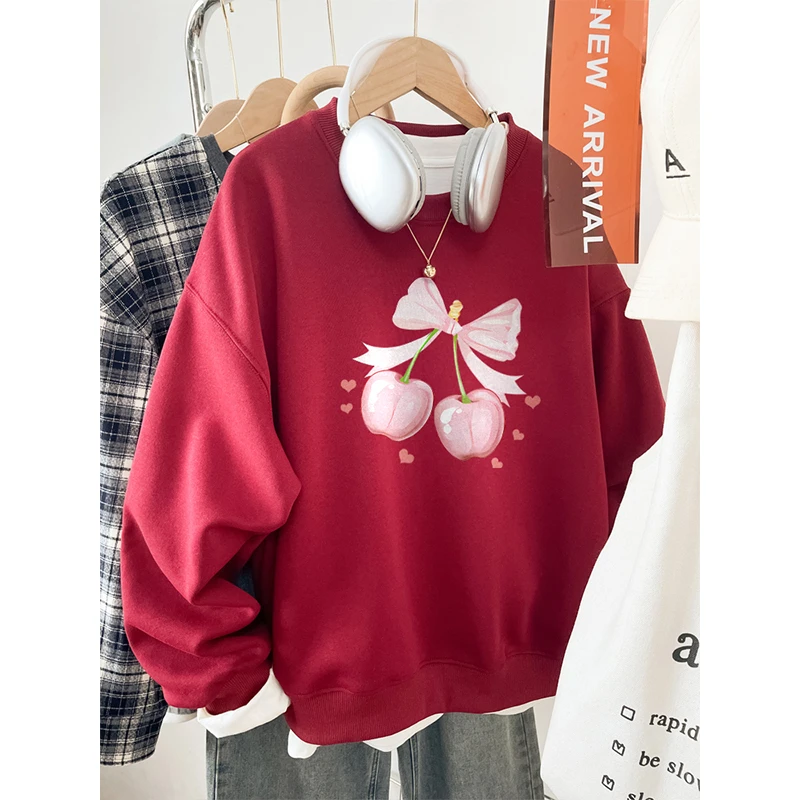 美式蝴蝶结樱桃印花卫衣女胖mm宽松圆领长袖巨显瘦设计感百搭上衣
