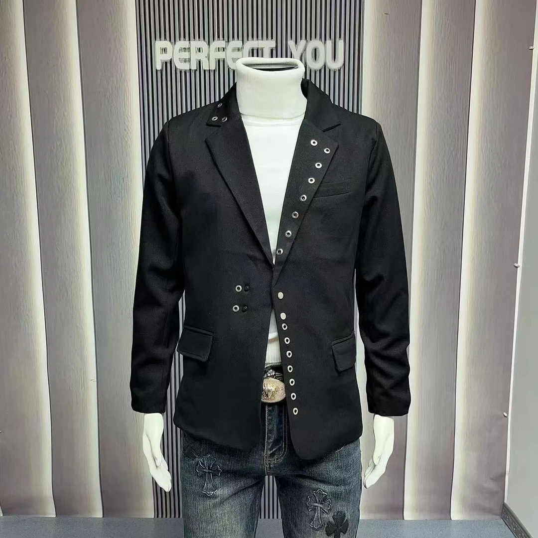 新品潮牌定制重工西装外套设计男士高级痞帅满天星圆环垫肩小西服