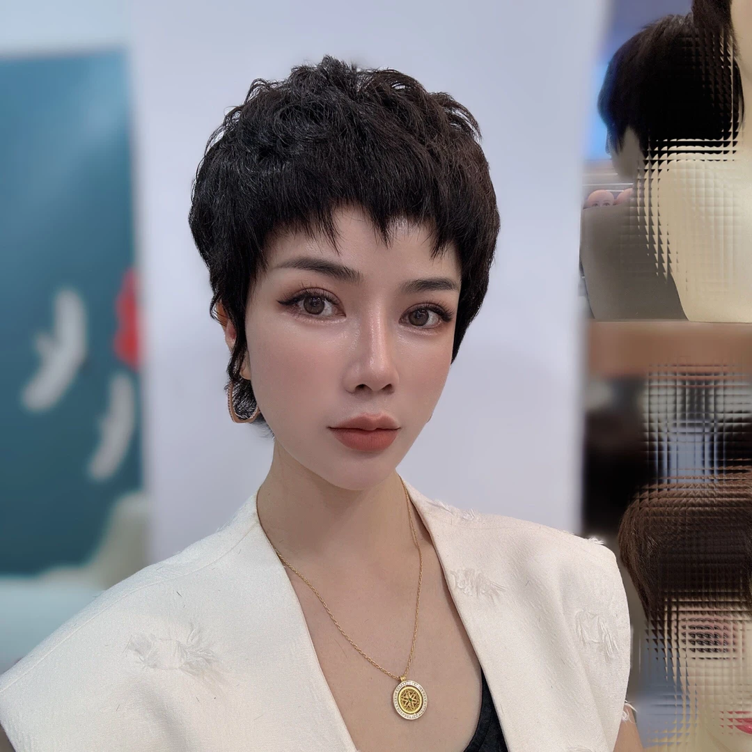 斜切口燕尾新款纹理短发发套手工钩织全真发假发轻薄舒适时尚