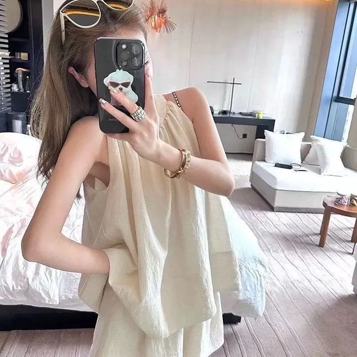 夏季新款文艺复古气质无袖背心挂脖上衣+休闲短裤套装0504#0.1