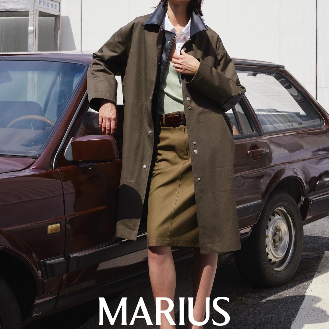 MARIUS“飞行员”意式中古拼接领撞色斜纹中长款风衣