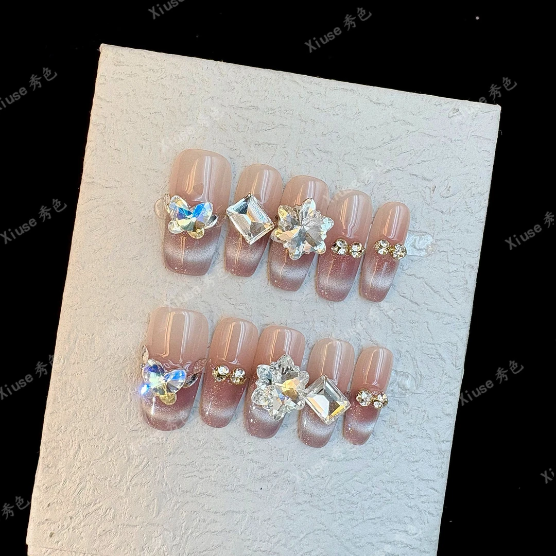 【葡萄气泡】秀色秋冬新款纯手工穿戴甲猫眼爆闪冰透碎钻美甲可拆卸