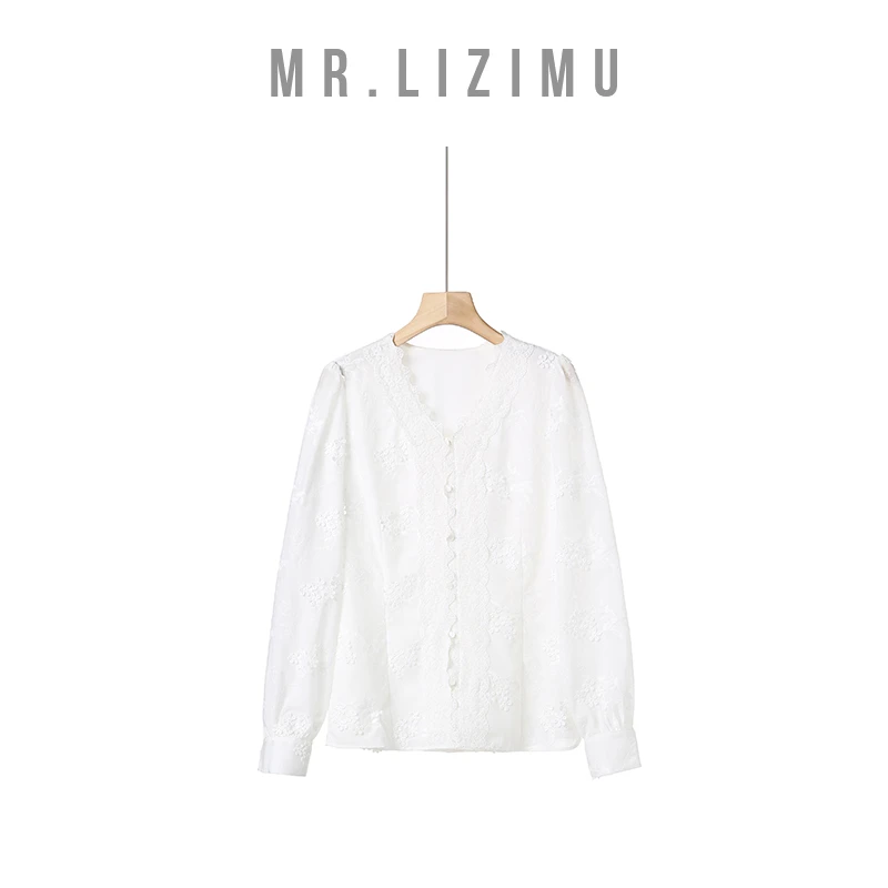李子木先生早春别致漂亮小衫法式立体花朵刺绣木耳边长袖衬衫内搭
