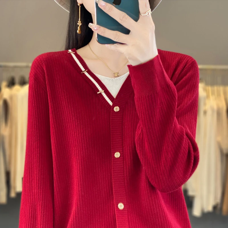 假两件上衣女春秋时尚洋气2024新款红色毛衣大码秋冬季针织打底衫