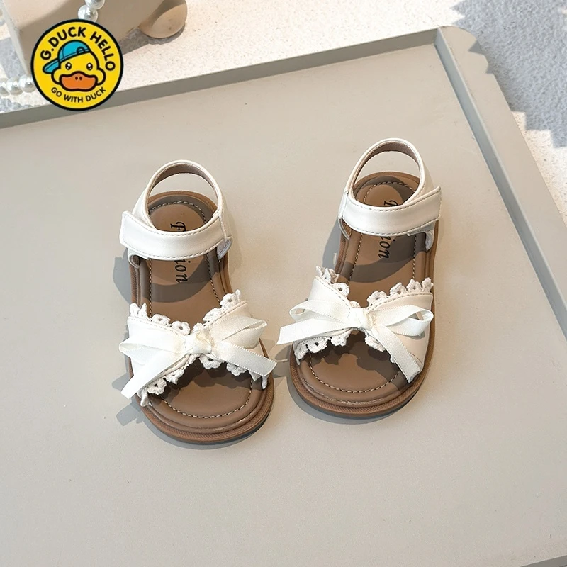 小黄鸭2025夏季新款小女孩韩版花边凉鞋中大童时尚蝴蝶结沙滩鞋潮