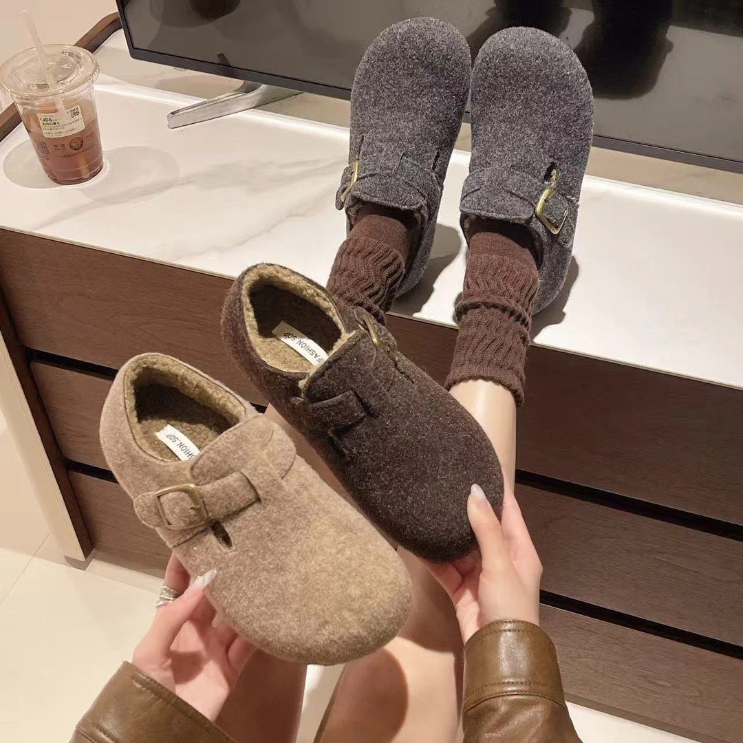 新品勃肯鞋女2025新款秋冬加绒鞋子日系复古平底软底新品新品单鞋