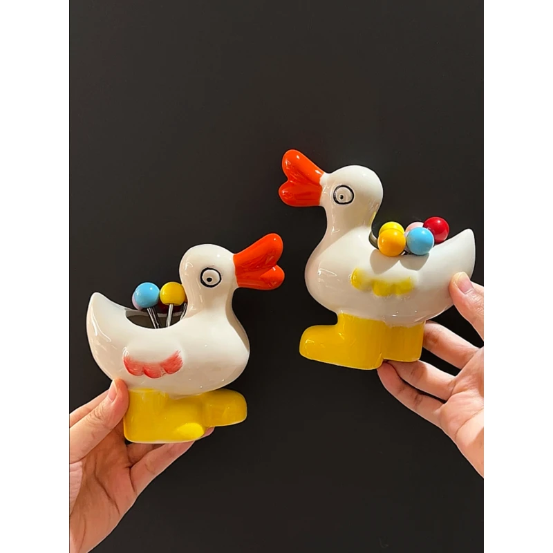 MOMO 鸭太太动物水果叉套装家用不锈钢陶瓷小叉子果签收纳罐DMW