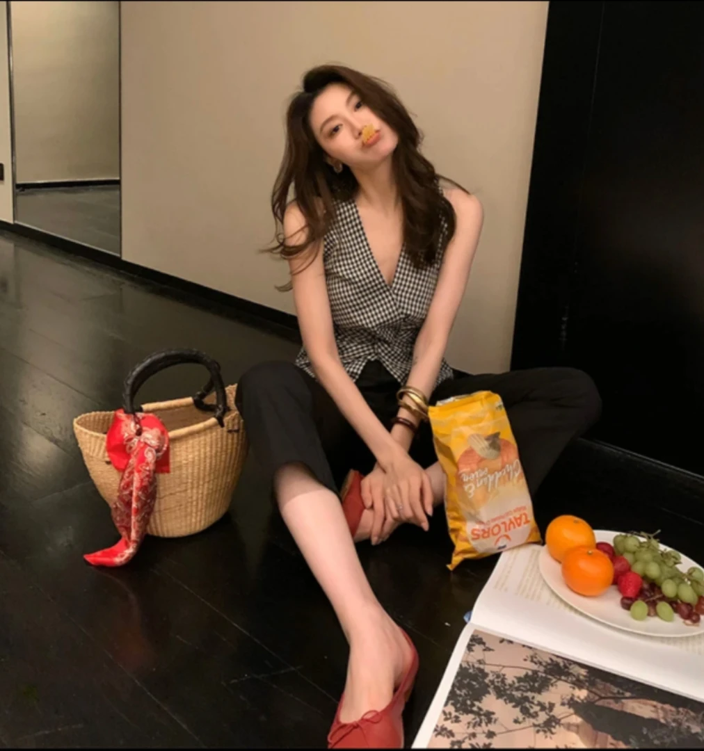 ALONE SAVOR黑白格扭结马甲无袖收腰复古夏季外穿修身J075