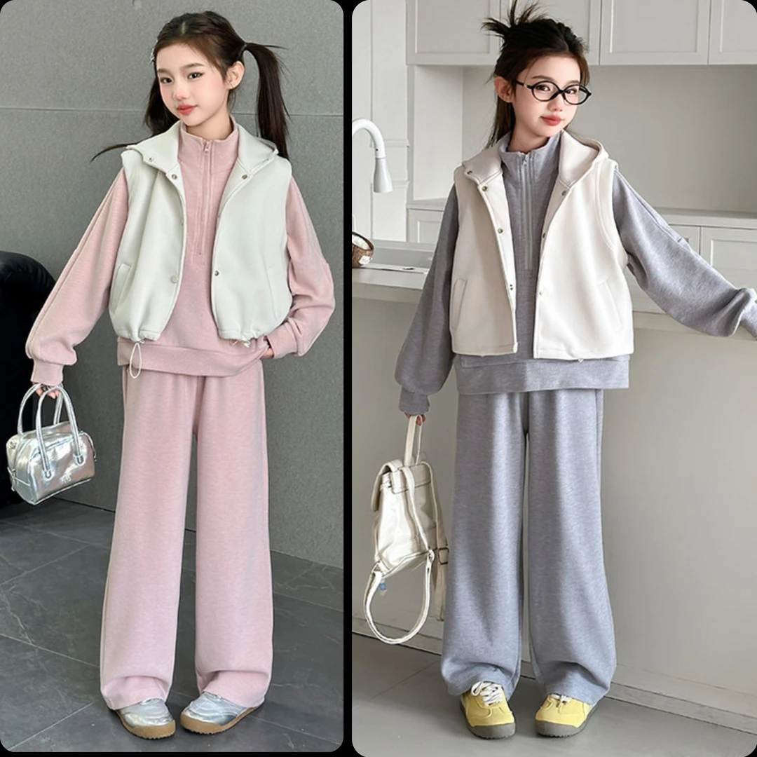 女童春秋款套装2025新款儿童中大童韩版时尚马甲卫衣休闲裤三件套