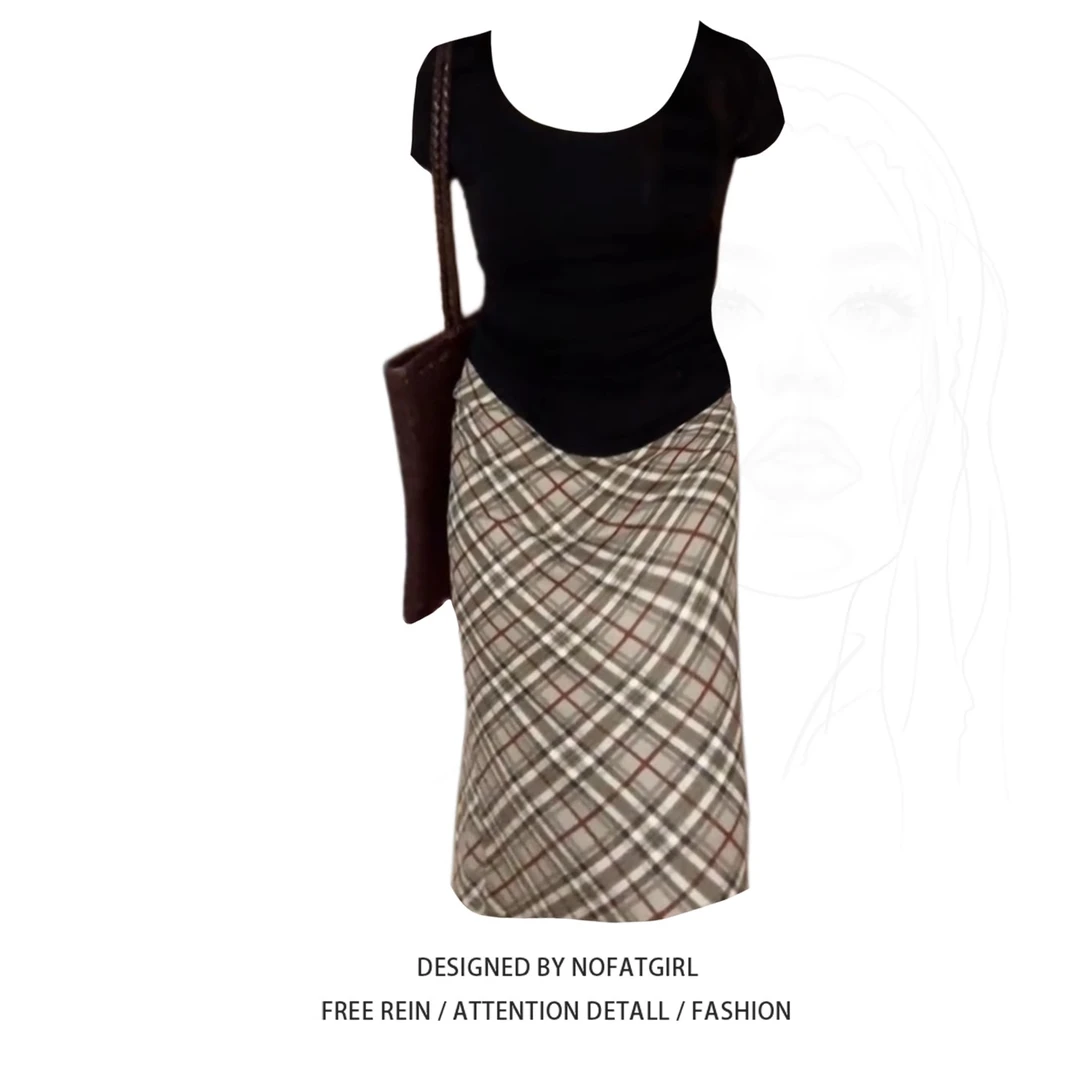 大码胖MM2025夏季新款复古格纹包臀半身裙正肩T恤气质心机套装女