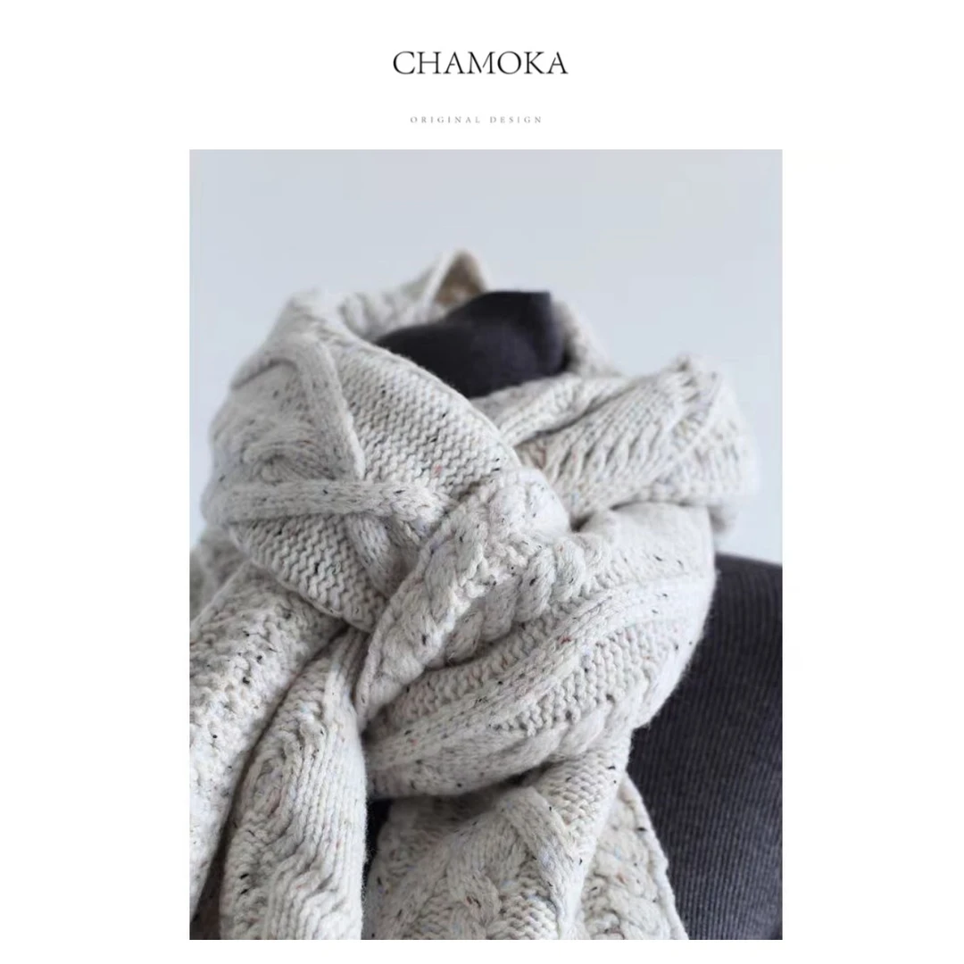 【夏莫卡】100%羊毛复古时尚保暖百搭粗针加厚加长纽花围巾L810