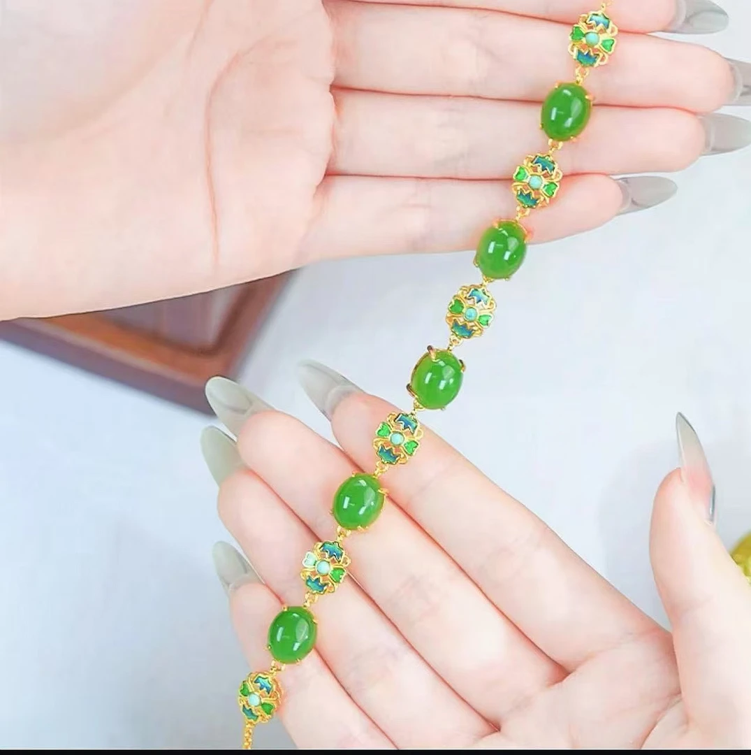 999金珠天然正冰阳绿菠菜绿蛋面新中式珐琅工艺珠宝玉石手链