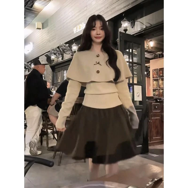 韩系穿搭宽松毛衣斗篷披肩长袖针织衫修身长袖内搭上衣高腰半身裙