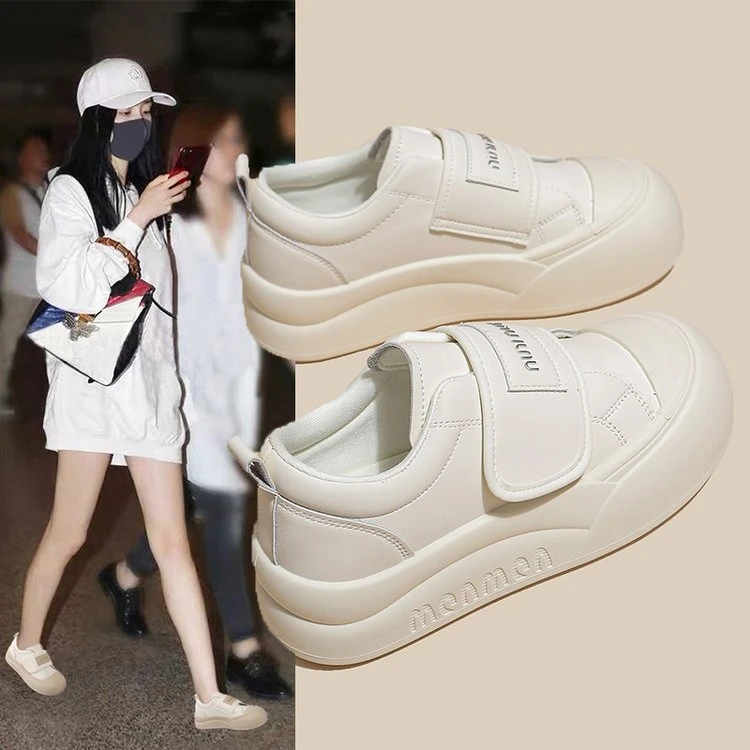 圆头魔术贴拼色厚底小白鞋女2025春季新款韩版学生运动休闲板鞋子