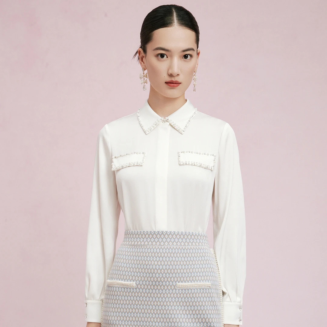 【晨粉专享价】La Koradior拉珂蒂透气衬衫奢华钉珠桑蚕丝上衣女