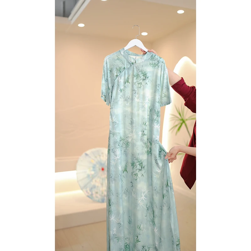 【如斯】大码旗袍长款连衣裙胖MM中式连衣裙宽松遮肚子高端显瘦082