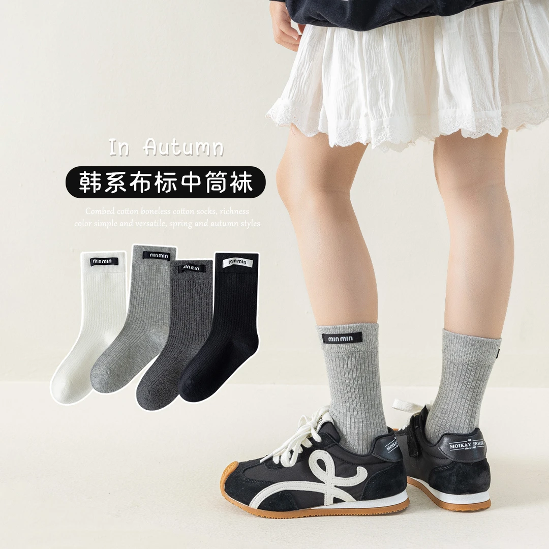 女童袜子春秋无骨中筒袜儿童韩系ins布标潮袜洋气秋冬中大童棉袜