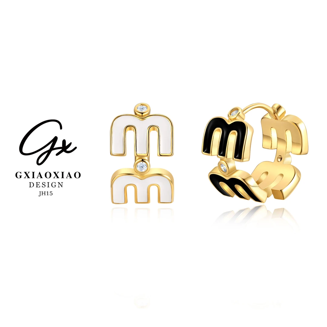铜合金珐琅耳饰 【双面女郎】意式双色珐琅字母M耳环 JH15