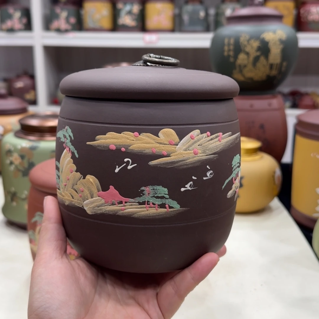 茶叶罐紫砂紫泥绘铜扣