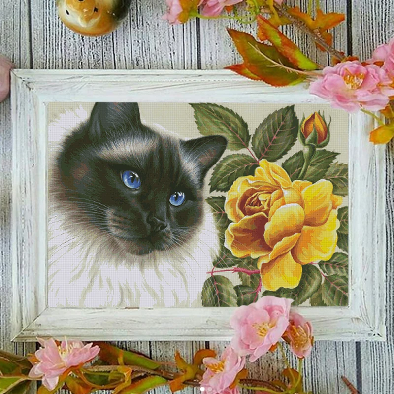 DMC十字绣新款正品猫咪与黄玫瑰套件小件自己绣手工DIY解压动物