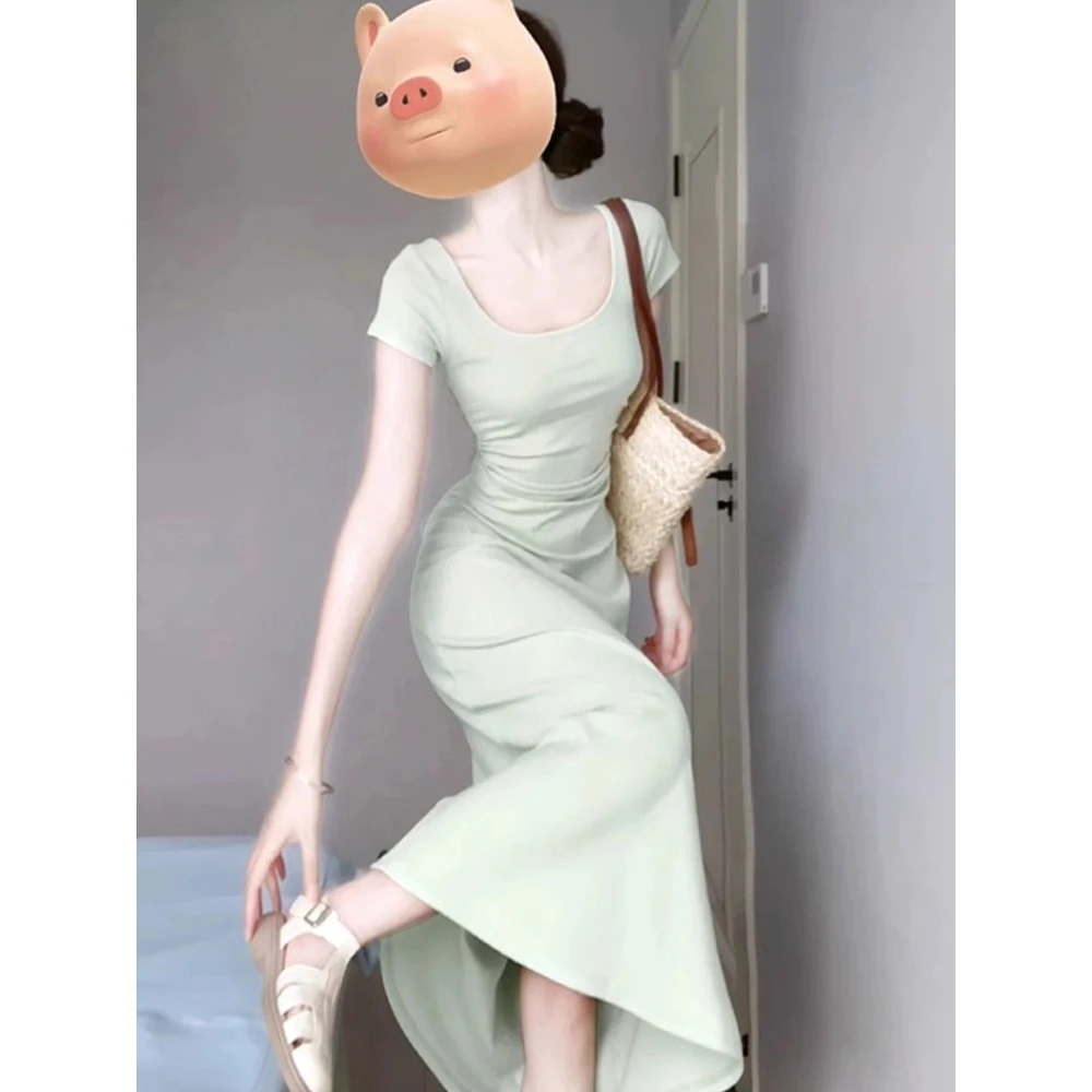 淡绿色修身连衣裙夏季女裙子收腰显瘦微胖a型长裙小妈法式包臀裙