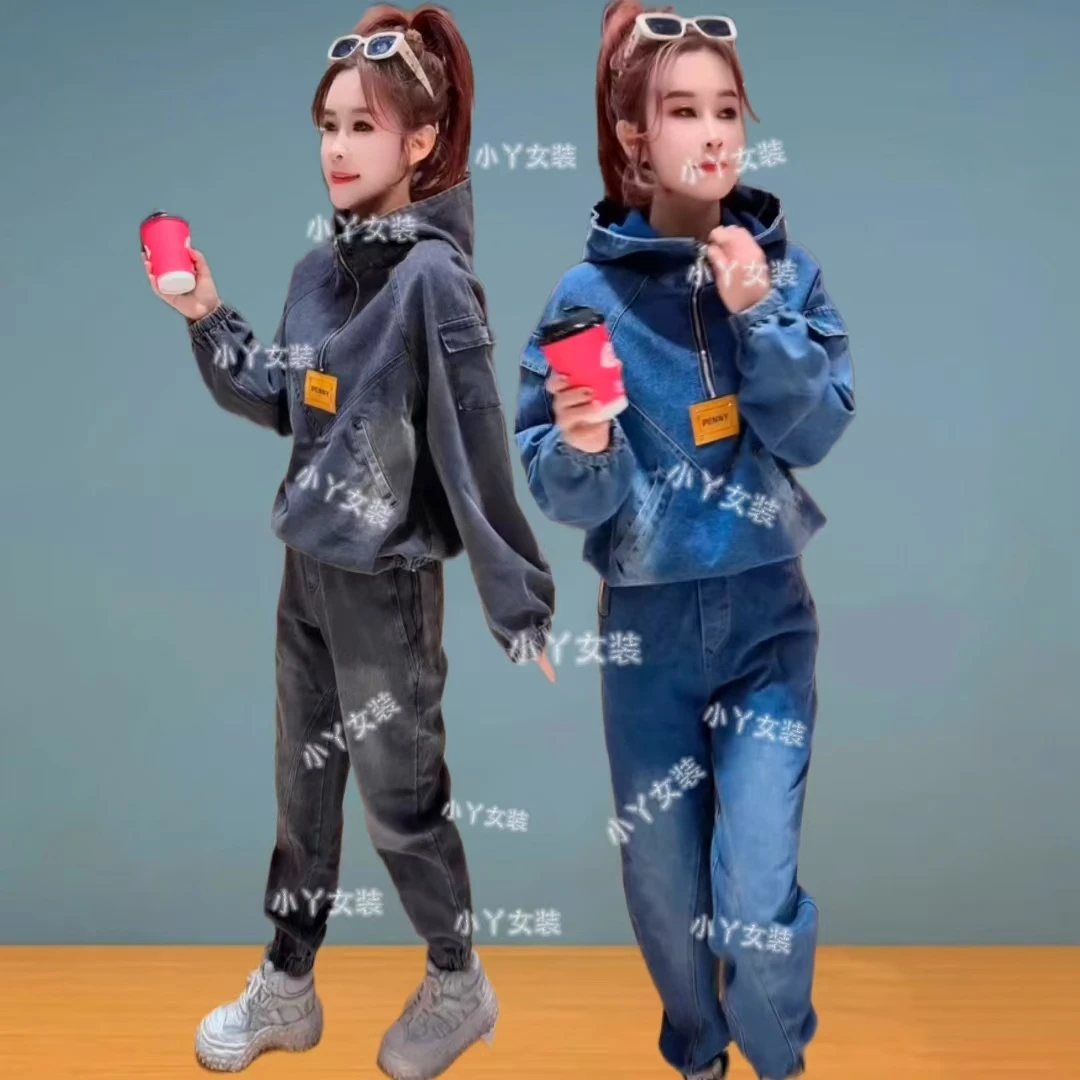 韩版早春新款水洗牛仔套装女时尚潮流连帽减龄显瘦网红两件套