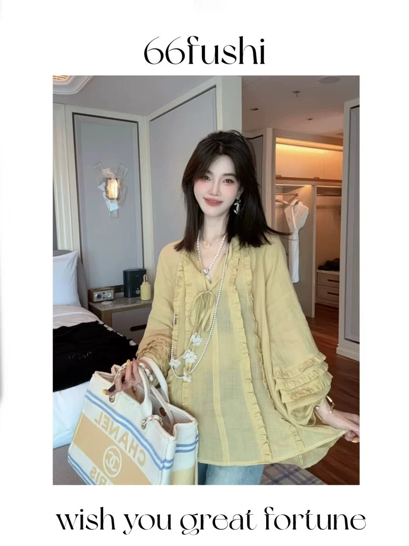 2025春夏新款欧货ins韩系宽松木耳边系带V领防晒衬衫女上衣