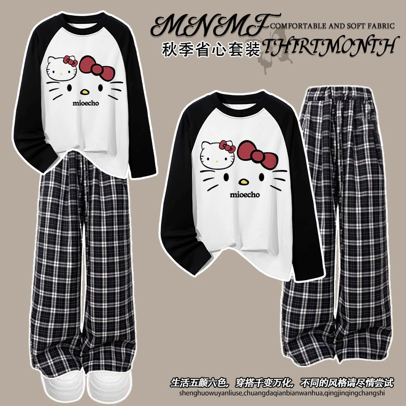 甜美可爱Kitty猫女童拼接长袖长裤套装韩版学院风时髦中大童上衣