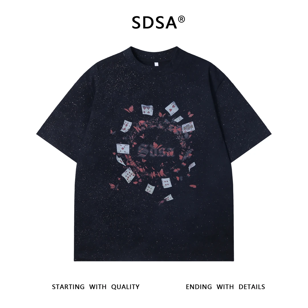 夏季高级感新款男士美式扑克蝴蝶字母印花圆领短袖T恤高街上衣潮