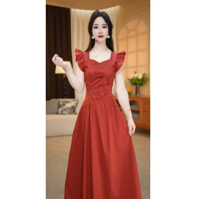 【连衣裙】夏季新款方领露肩收腰显瘦纯色中长款连衣裙M-4XL