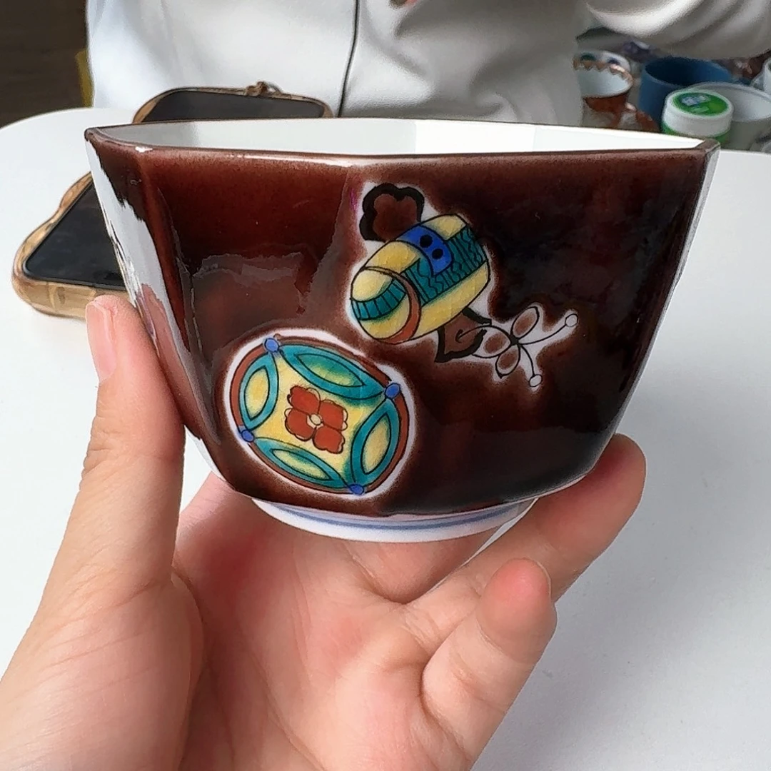 瓷片九谷烧紫交趾釉宝袋纹9.5厘米八角钵