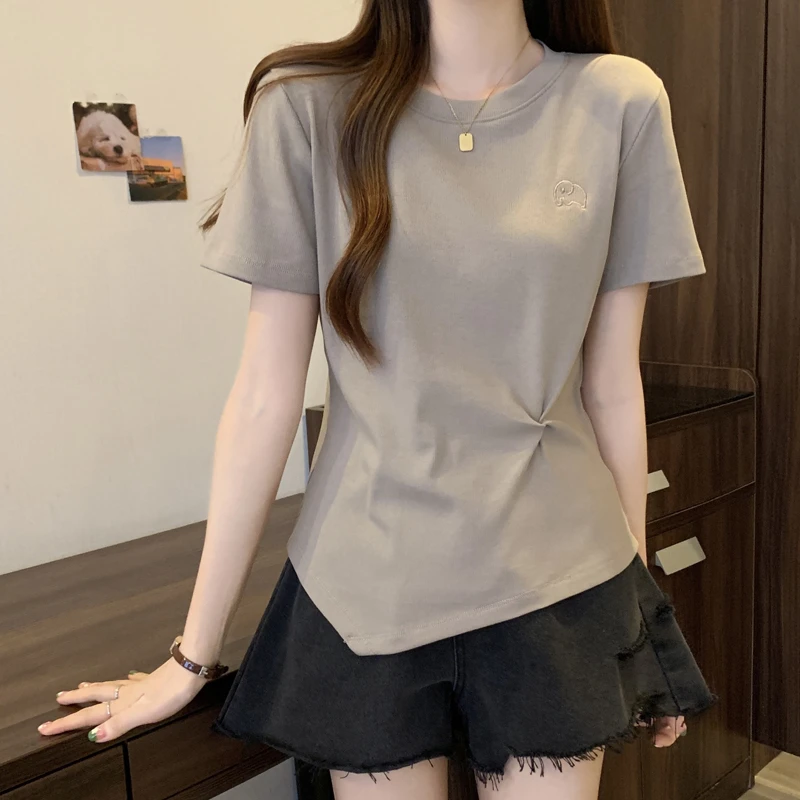 不规则下摆褶皱设计正肩短袖T恤女夏季新款胖mm大码遮肉显瘦上衣