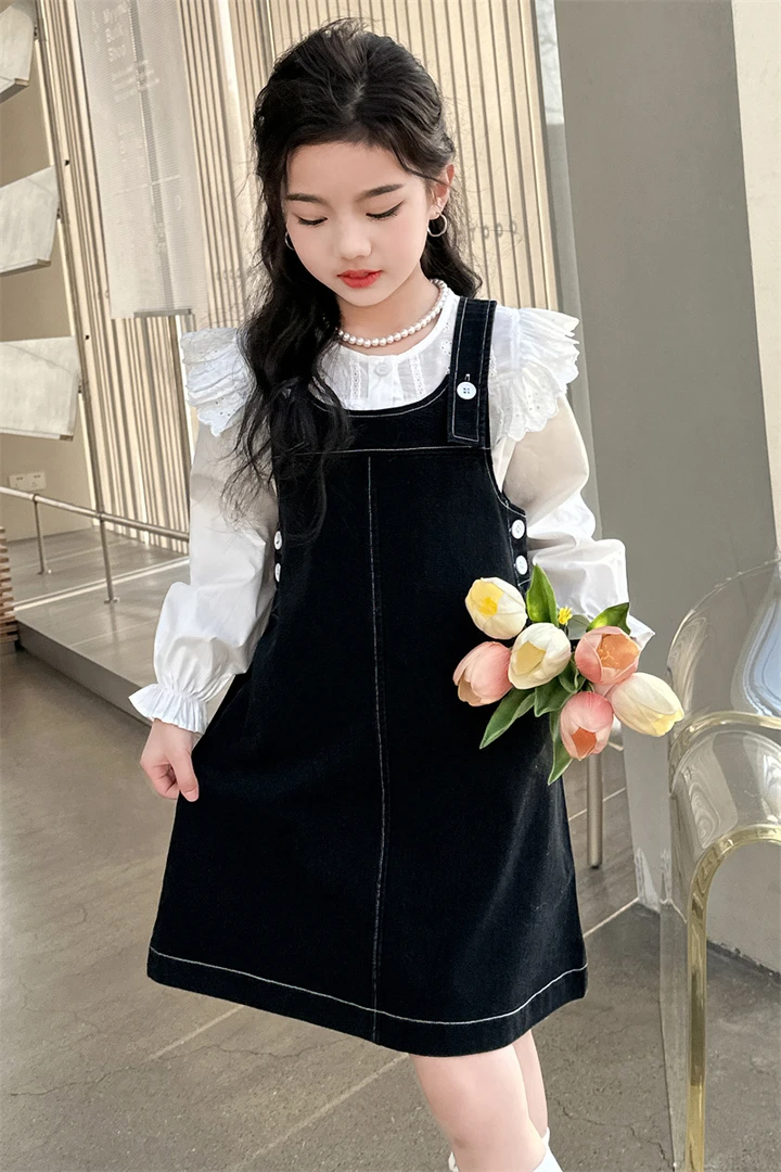 女童春季连衣裙2025新款中大童洋气时髦长袖衬衫牛仔背带裙两件套