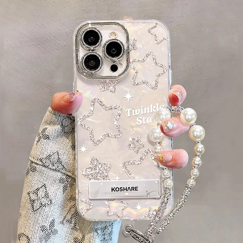 适用苹果16pro手机壳新女款15promax闪粉星星支架手链17贝壳纹潮