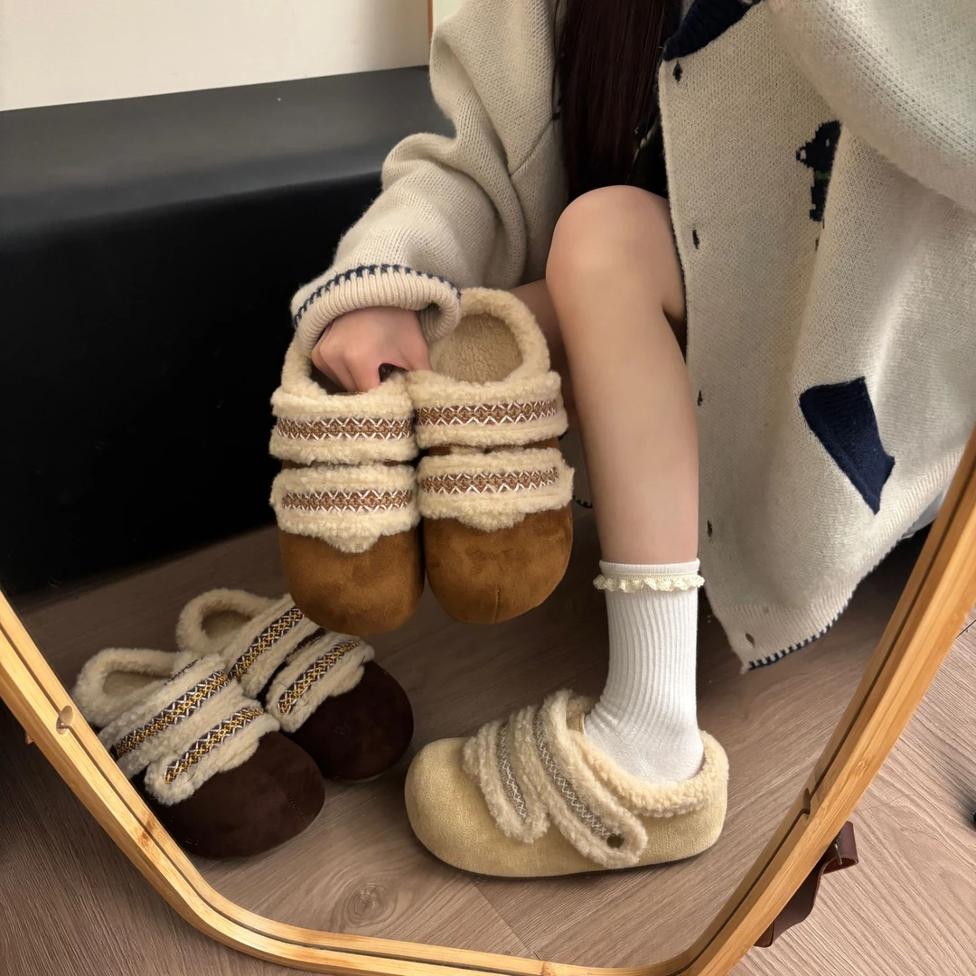 厚底设计感韩版百搭刺绣加绒2025女款内增高冬季新款勃肯鞋包头拖