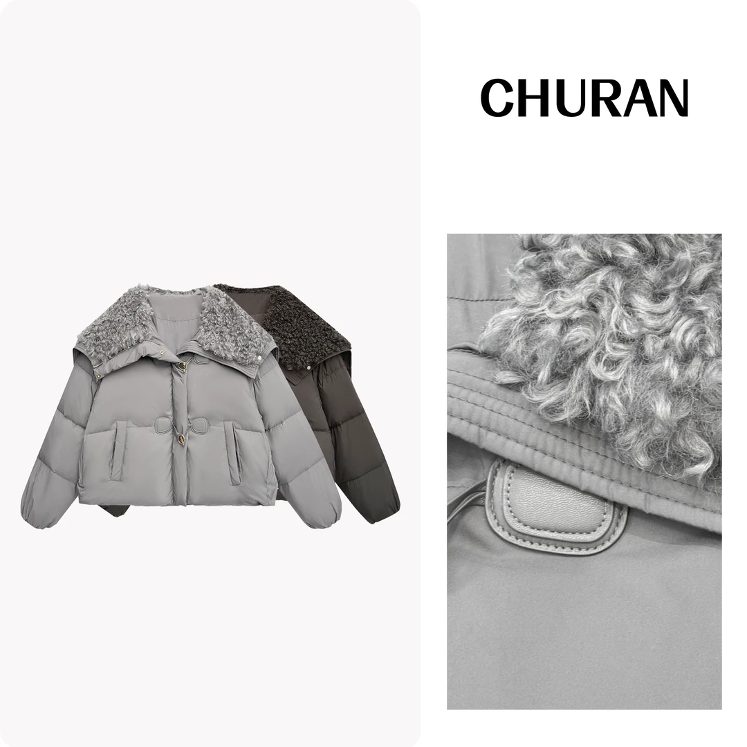 简约纯色时尚大翻毛领短外套冬季韩系百搭潮流气质保暖面包服8969