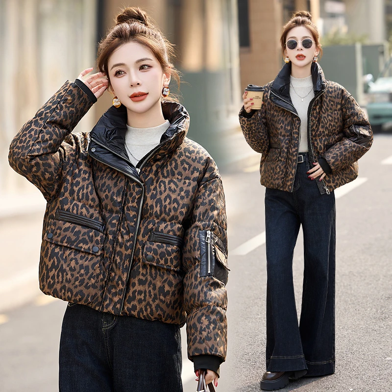 2025保暖加厚时尚洋气百搭女装时尚短款豹纹白鸭绒冬季新款羽绒服